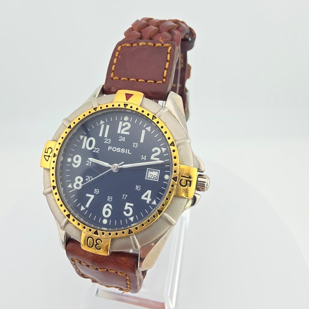 Vtg 1990s FOSSIL Mens Watch Diver Rotating Bezel Brown Leather Gold Plate 8.5"
